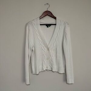 Ralph Lauren Cable-Knit V-Neck Cardigan Sweater - White